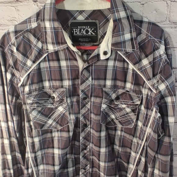 BKE Buckle BLACK Western Snap Button Plaid Grey Shirt L - Picture 3 of 16